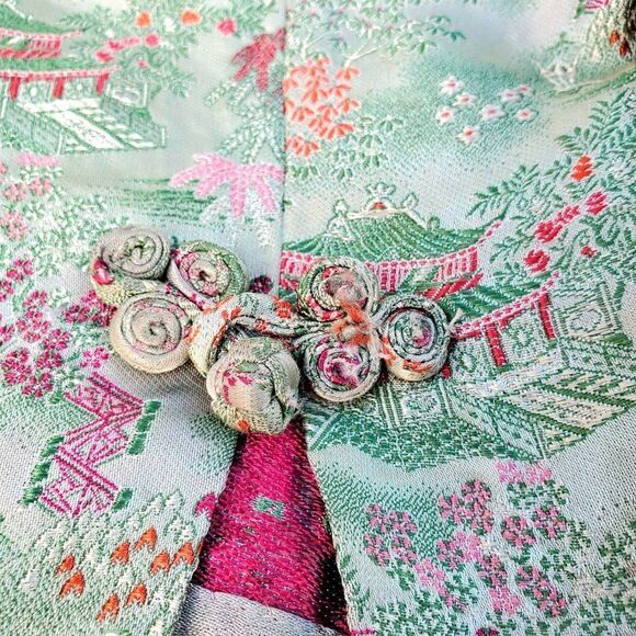 Vintage 70s Cropped Pants 4 Chinese Capri Pedal Pusher Brocade Green - Picture 10 of 10